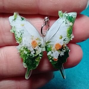 Cute butterfly flower floral wire dangle earrings white green yellow rose
